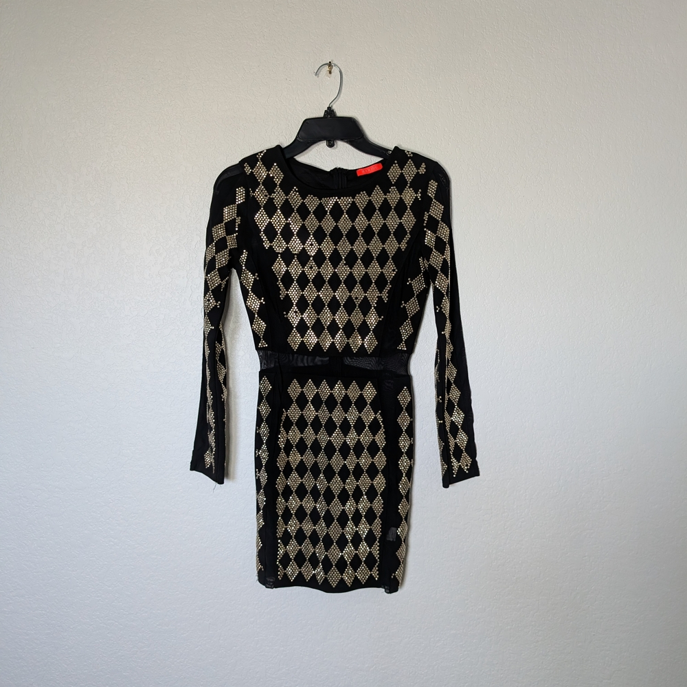 Black and Gold Long-Sleeve Diamond Pattern Dress